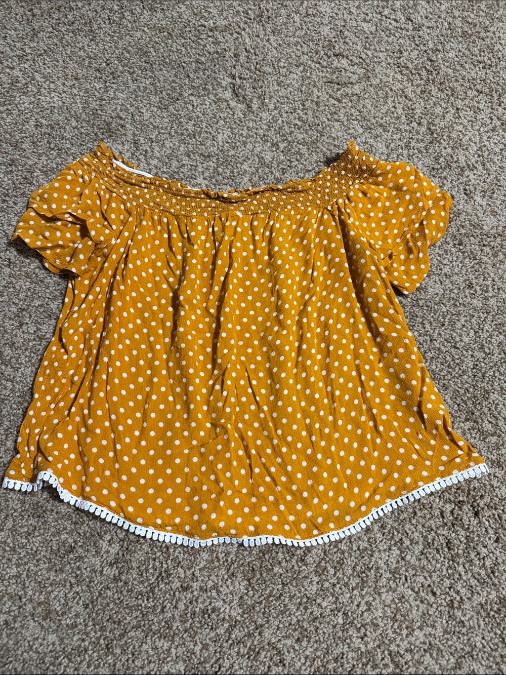 Rewind Mustard Polka Dot Off-Shoulder Top with Trim